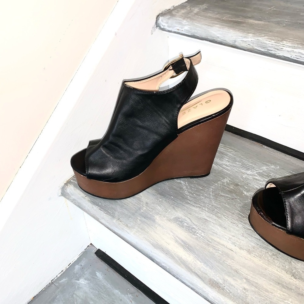 Glaze Platform Wedge Slingback peep toe Sandals Brown and Black size 8 - Picture 5 of 11